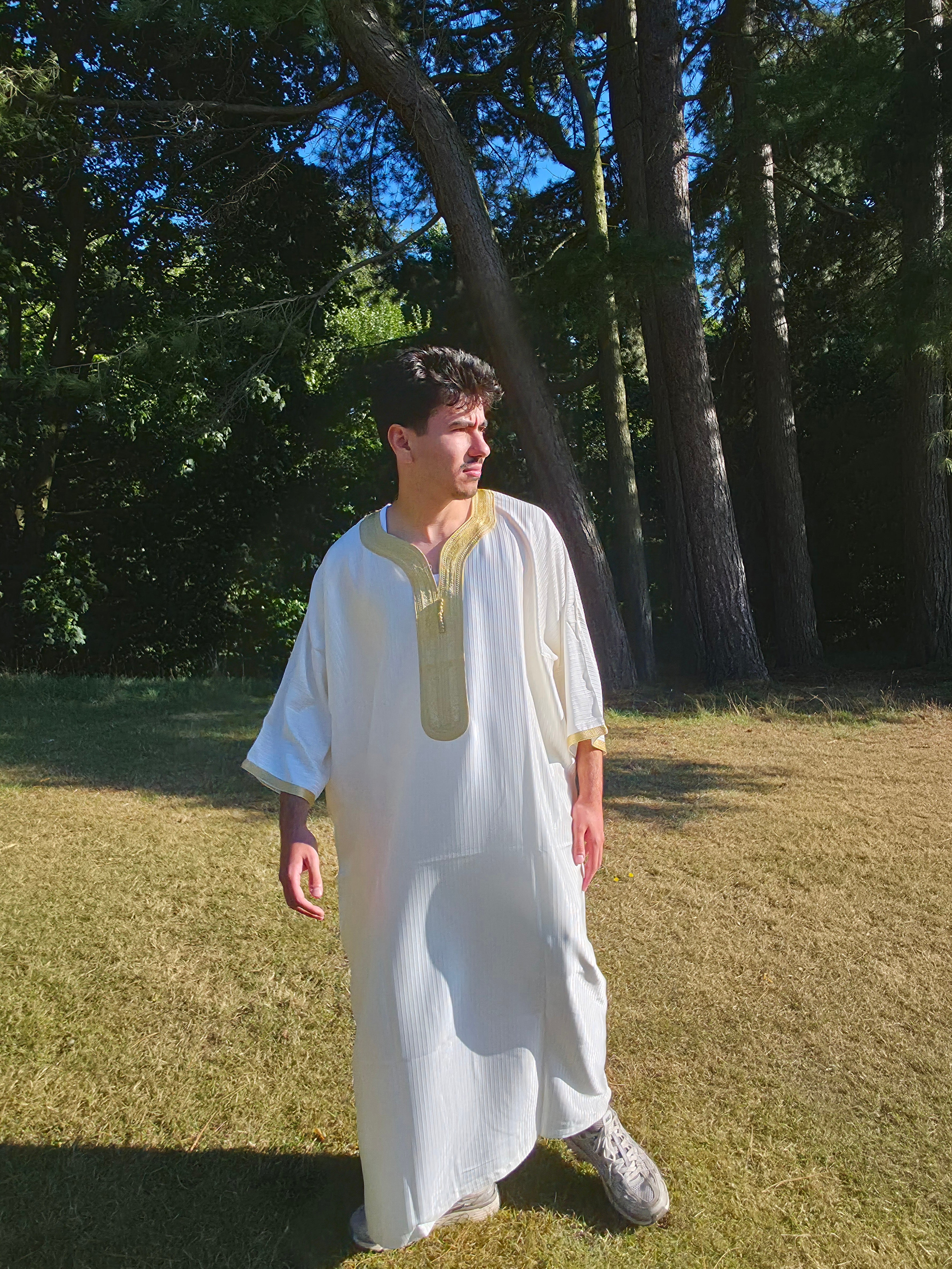 Full front view of the white gold Gandoura, made in Morocco